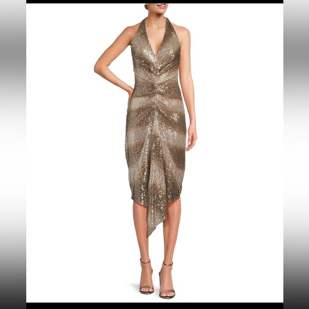 Badgley Mischka Belle Julia Sequin Ruched Ombre Halter Neck Drape Front Dress